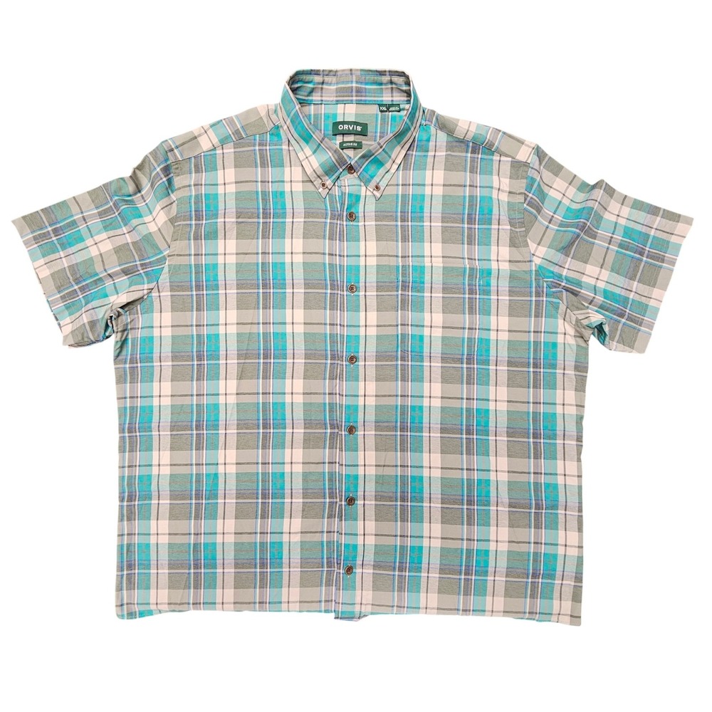 Orvis Active Fit XXL Plaid Shirt Blue Gray Nylon Travel Fishing Hiking
